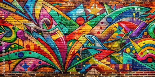 Vibrant colorful graffiti covers a worn brick wall, with swirling abstract patterns, lettering, and shapes blending together in a dynamic urban street art composition. © Adisorn