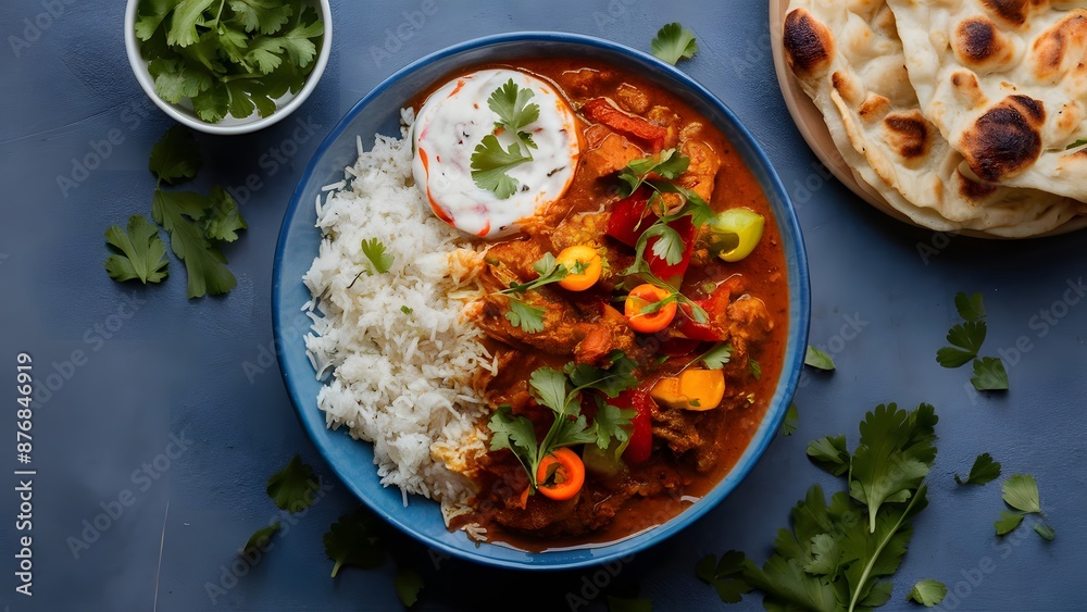 A plate of authentic Indian butter chicken curry, served with fluffy basmati rice and warm naan bread for a comforting and flavorful meal. A plate of authentic Indian butter chicken curry, served with fluffy basmati rice and warm naan bread for a comforting and flavorful meal.