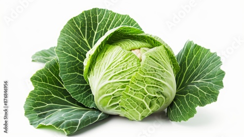 Fresh green cabbage with crisp leaves on a white background