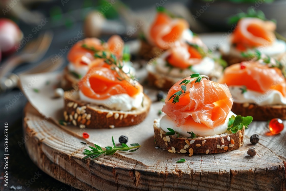 Enjoy delicious canapés featuring smoked salmon delicately paired with cream cheese. These elegant hors d'oeuvres are a sophisticated addition to any event or gathering. Enjoy delicious canapés featuring smoked salmon delicately paired with cream cheese. These elegant hors d'oeuvres are a sophisticated addition to any event or gathering.