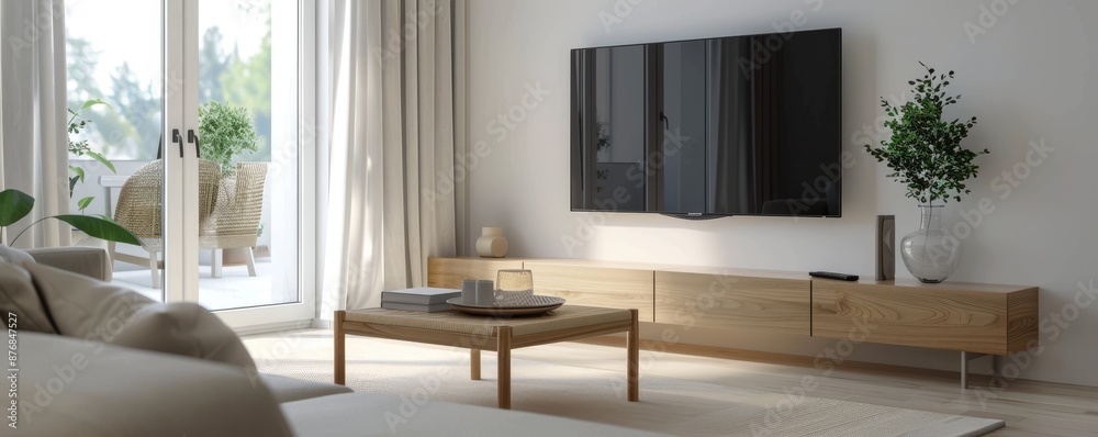 Minimalist Living Room Interior with Wooden TV Stand and Modern Sofa Minimalist Living Room Interior with Wooden TV Stand and Modern Sofa