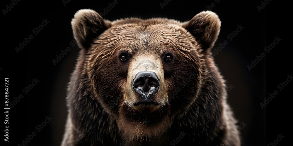 Obraz premium Digital art of a Kamchatka brown bear facing forward against a black background. Concept Wildlife Art, Kamchatka Bear, Digital Painting, Animal Portrait, Black Background