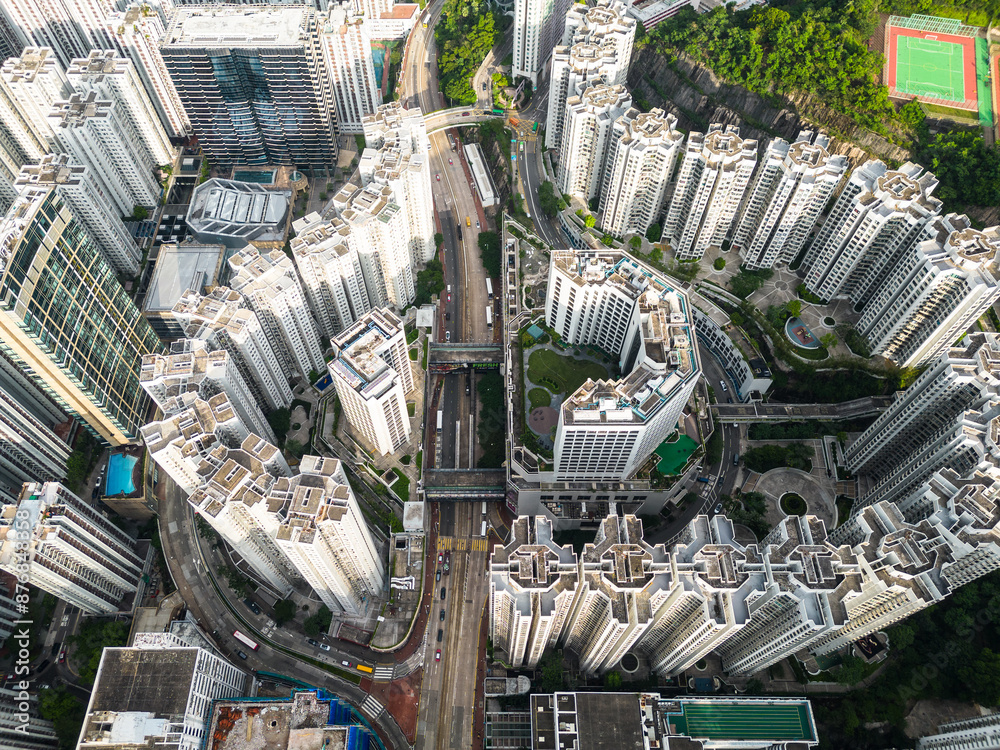 North Point, Hong Kong: Aerial drone view of the very crowded Tai Koo residential district in Quarry Bay in Hong Kong island.