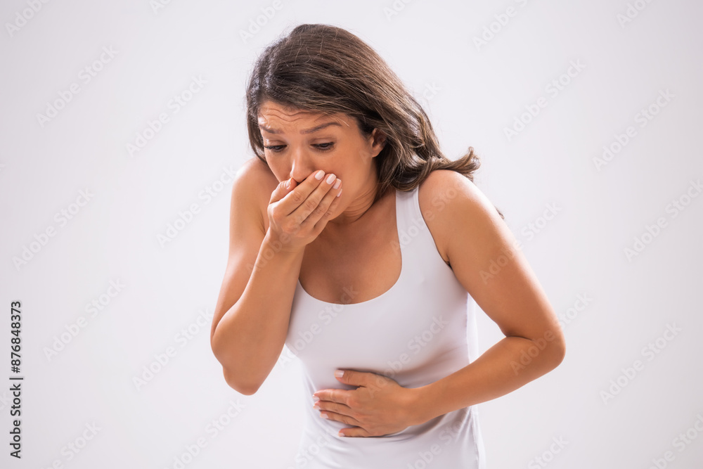 Portrait of adult woman who is having nausea. Portrait of adult woman who is having nausea.