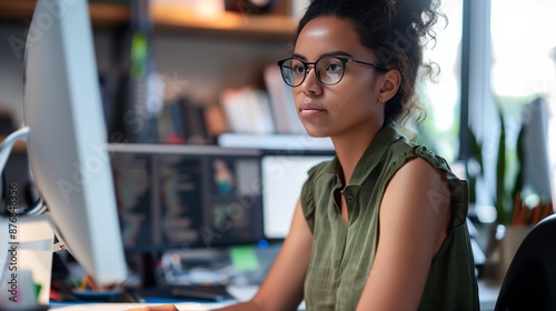 A woman sitting at her desk in front of a computer, in an office background, working on a design project