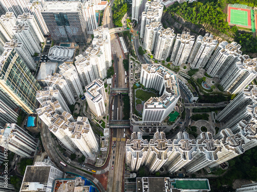 Obraz na płótnie North Point, Hong Kong: Aerial drone view of the very crowded Tai Koo residential district in Quarry Bay in Hong Kong island. w salonie