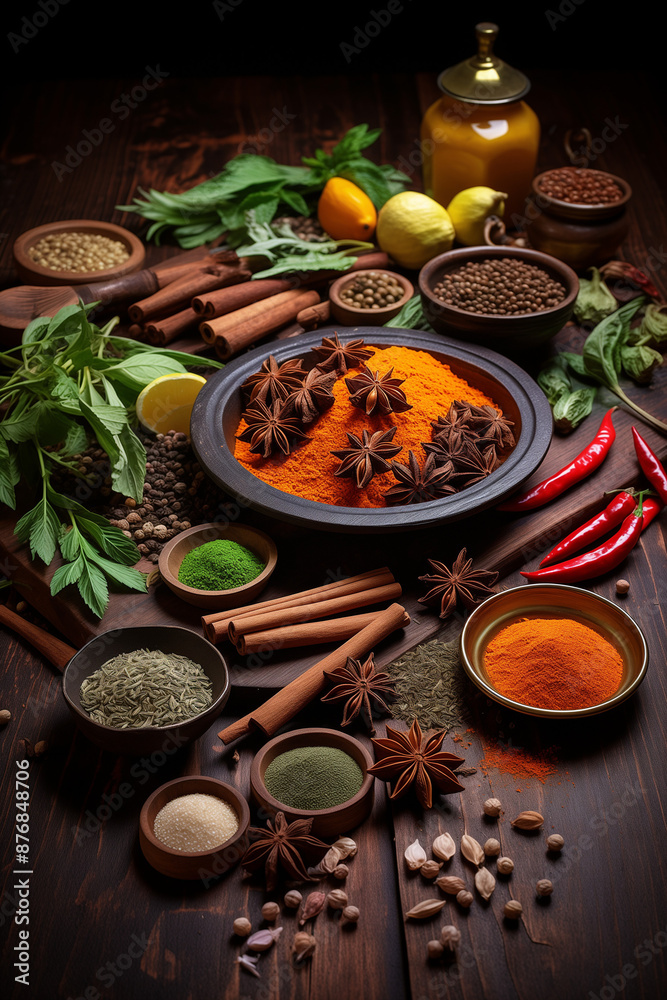 Assortment of Aromatic Spices and Herbs on Wooden Table. rustic collection of aromatic spices and herbs displayed on wooden table, evoking the rich essence of traditional cooking. Generative AI tools Assortment of Aromatic Spices and Herbs on Wooden Table. rustic collection of aromatic spices and herbs displayed on wooden table, evoking the rich essence of traditional cooking. Generative AI tools