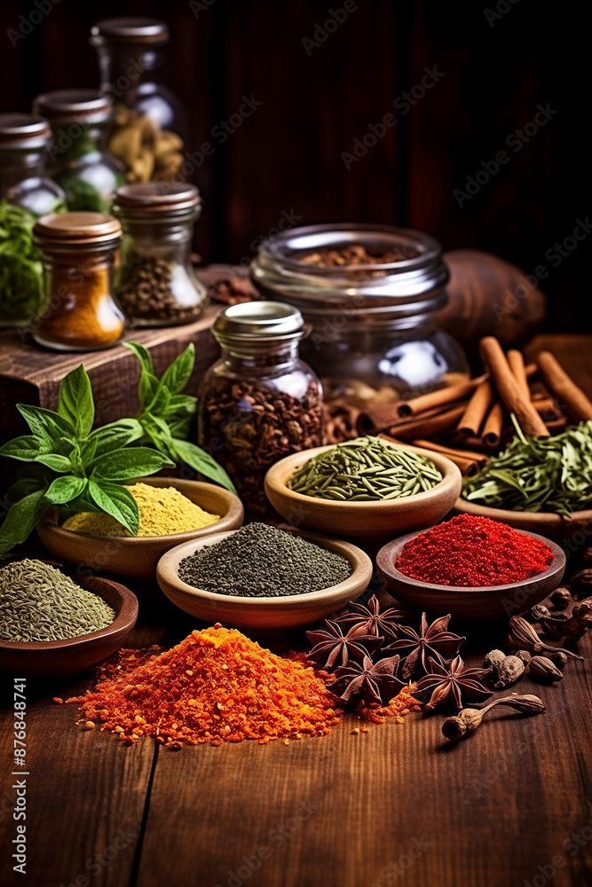Assortment of Aromatic Spices and Herbs on Wooden Table. rustic collection of aromatic spices and herbs displayed on wooden table, evoking the rich essence of traditional cooking. Generative AI tools Assortment of Aromatic Spices and Herbs on Wooden Table. rustic collection of aromatic spices and herbs displayed on wooden table, evoking the rich essence of traditional cooking. Generative AI tools