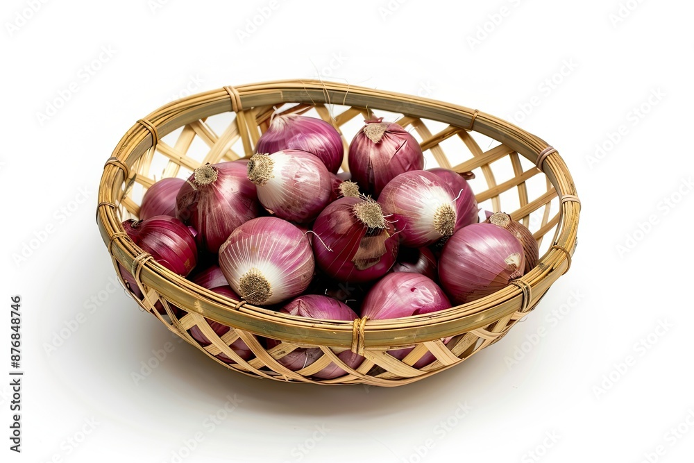 Shallots or Red Onion in Bamboo basket. isolated white background. Shallots or Red Onion in Bamboo basket. isolated white background.