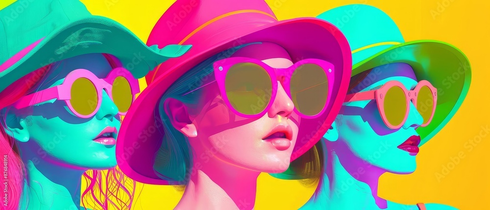 Pop Art Women Sunglasses and Hats in a Summery, Playful Mood , rule of thirds composition shot, illustration cartoon animation cute adorable 2d animation flat art Pop Art Women Sunglasses and Hats in a Summery, Playful Mood , rule of thirds composition shot, illustration cartoon animation cute adorable 2d animation flat art