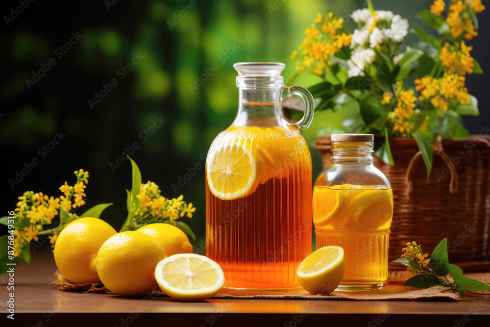 generated illustration of flavored fermented raw kombucha tea in a glass jars generated illustration of flavored fermented raw kombucha tea in a glass jars