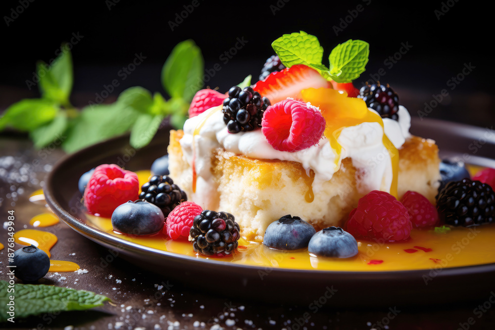 generated illustration of Piece of Tres leches with cream and berries generated illustration of Piece of Tres leches with cream and berries