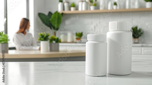 A close-up shot of two white supplement bottles placed on the marble countertop in front, with an out-of-focus woman sitting at her kitchen table blurred behind them. The background features natural