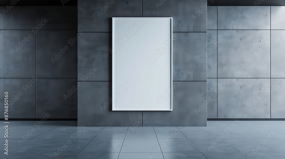 A mockup of an empty white vertical billboard in the center, placed on a modern minimalist interior with light teal tiles and black walls, illuminated by soft daylight. The space is large and open, A mockup of an empty white vertical billboard in the center, placed on a modern minimalist interior with light teal tiles and black walls, illuminated by soft daylight. The space is large and open,
