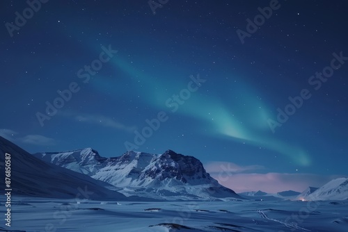 Electric blue and magenta aurora borealis dancing over a snowy mountain range in the Arctic, Generative AI