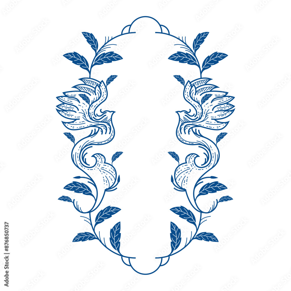 Fototapeta premium DECORATIVE ART FLORAL 77 BLUE PHOENIX NATURE FRAME DECORATION