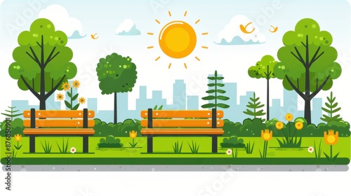 Fototapeta Naklejka Na Ścianę i Meble -  A sunny park with benches and trees against a city skyline