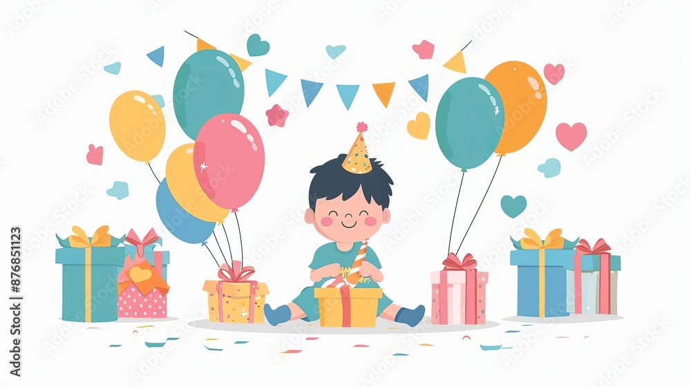 First Birthday Celebration Joyful Toddler with Balloons and Gifts  , rule of thirds composition shot, flat art vector style