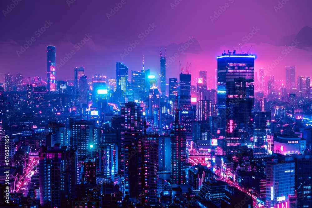 Fototapeta premium Fluorescent pink and blue cyberpunk city skyline illuminated by holographic billboards and neon signs, Generative AI