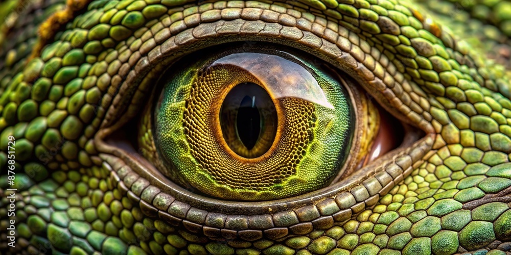 Obraz premium Olive green feline or reptile eye with narrow vertical pupil stares intensely, surrounded by scaly skin and intricate texture, evoking primitive intensity and mystique.