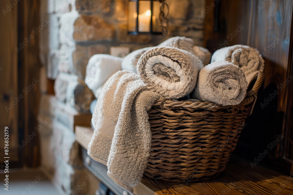Obraz premium A basket full of white towels sits on a wooden shelf