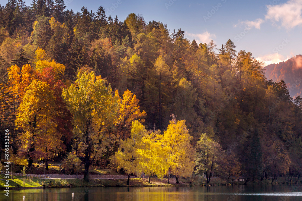 Lake Bled, Slovenia sunset view autumn trees Lake Bled, Slovenia sunset view autumn trees