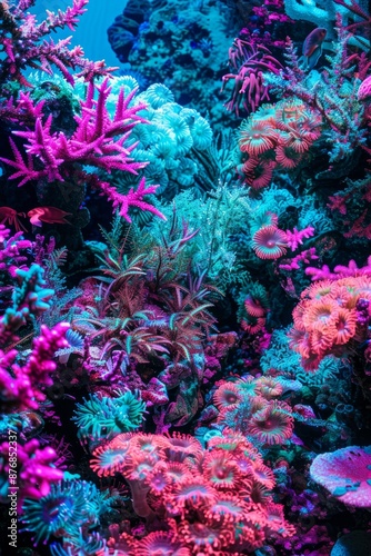 Glowing teal and pink underwater coral reef teeming with fluorescent marine life, Generative AI