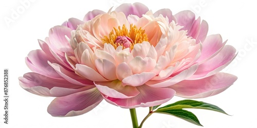 Delicate fully bloomed light pink peony flower with intricate petals and vibrant center isolated on white background in tender close-up photography.