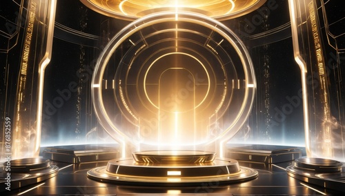 Empty product display podium with advanced technology sci fi golden background