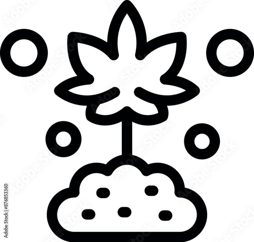 Simple, bold line icon of a cannabis plant growing from a patch of fertilized soil