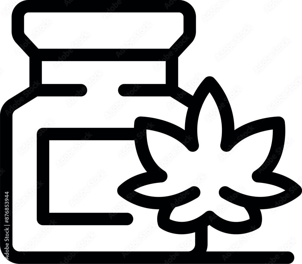 Simple line drawing of a medical cannabis jar with a marijuana leaf, perfect for representing cbd oil and its uses Simple line drawing of a medical cannabis jar with a marijuana leaf, perfect for representing cbd oil and its uses