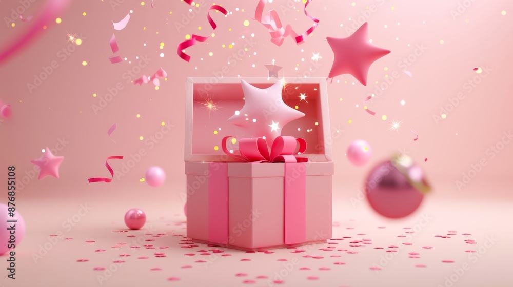 Pink Gift Box with Flying Star and Confetti Pink Gift Box with Flying Star and Confetti