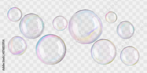 Transparent circle soap bubbles float in bath water, 3D sphere. Rainbow glass ball reflects soap suds. Liquid drops, gradient contrast flare on black wash, design elements for air balloons in wind.