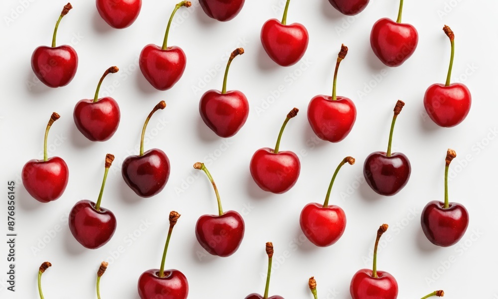 Red cherries arranged in a grid pattern on a white surface Red cherries arranged in a grid pattern on a white surface