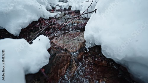 Melting snow reveals a rocky stream flowing through a winter landscape