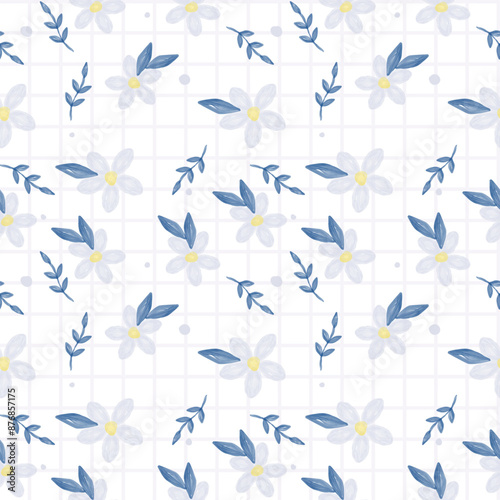 The vector pattern of fabric, wallpaper, gift wrapping paper is continuous and can be made to any size over and over. The cute style is a yellow plaid with cute purple flowers. © Chirawan