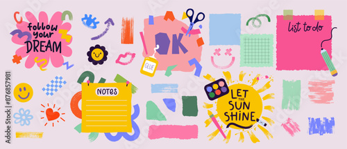 Colorful abstract backgrounds with grunge textures, hand drawn patterns. Stickers, quote boxes, place for text, torn cut papers. Cute cartoon style. Cool funny design elements. Speech bubbles. Vector