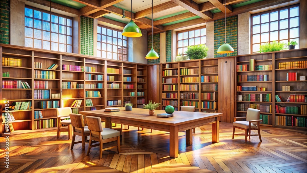 Large Library Interior With Wooden Bookshelves, Tables, And Chairs. Large Library Interior With Wooden Bookshelves, Tables, And Chairs.