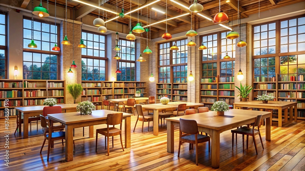 Modern Library Interior With Large Windows, Wooden Tables And Chairs, And A Variety Of Hanging Lights. Modern Library Interior With Large Windows, Wooden Tables And Chairs, And A Variety Of Hanging Lights.