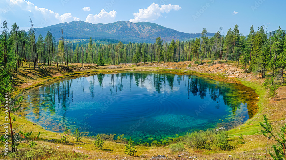 Fototapeta premium Deep blue lake reflecting trees and mountains in the forest