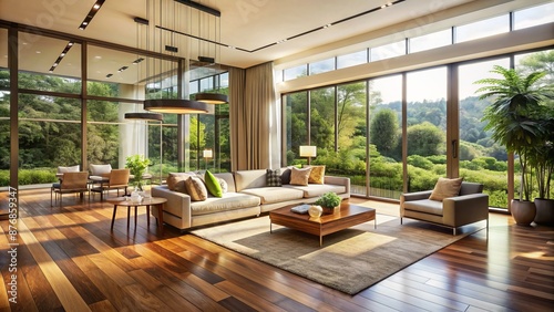 Bright And Airy Living Room With Large Windows And A View Of The Forest. The Room Is Decorated In A Modern Style With Light Wood Floors, White Walls, And Comfortable Furniture.