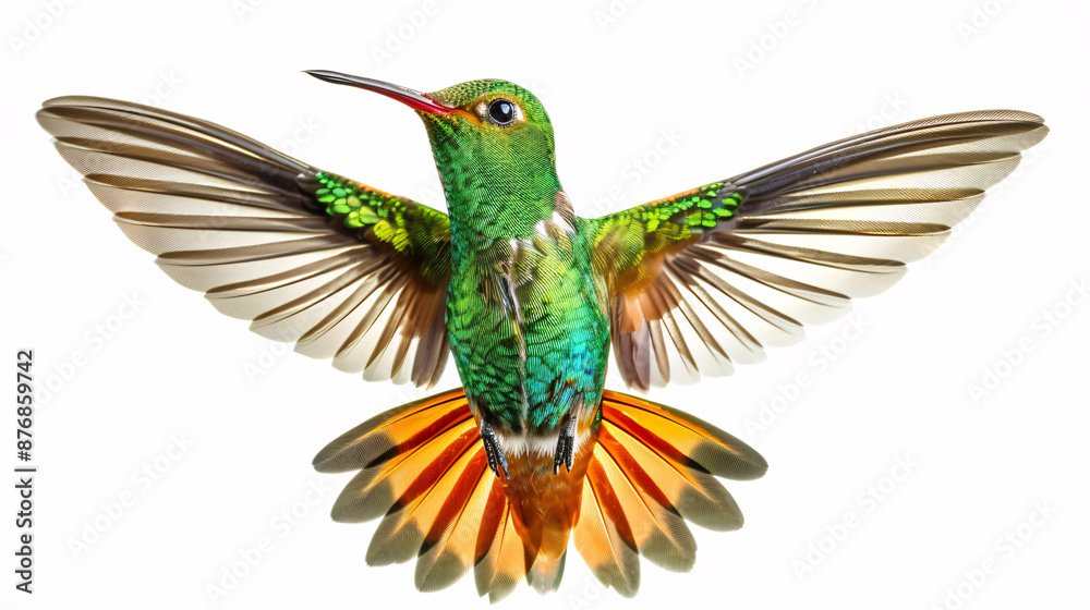 Fototapeta premium Hummingbird in flight isolated on white background