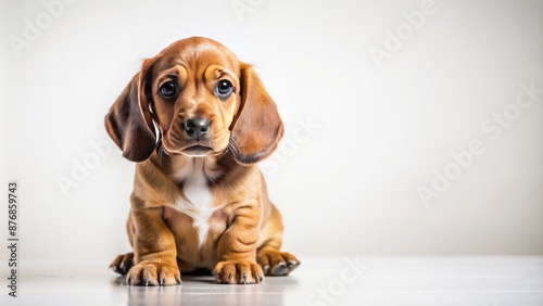 A Cute Dachshund Puppy Sits On A White Background And Looks At The Camera With Its Big Brown Eyes. photo