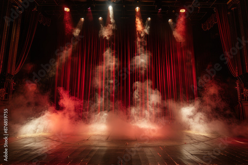 A stage with red curtains and smoke