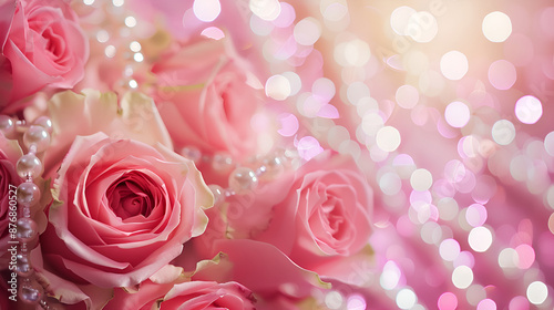 Pink gradient background with pink roses and colorful glitter, Festive background banner with bokeh, Bouquet of pink roses on bokeh background with copy space