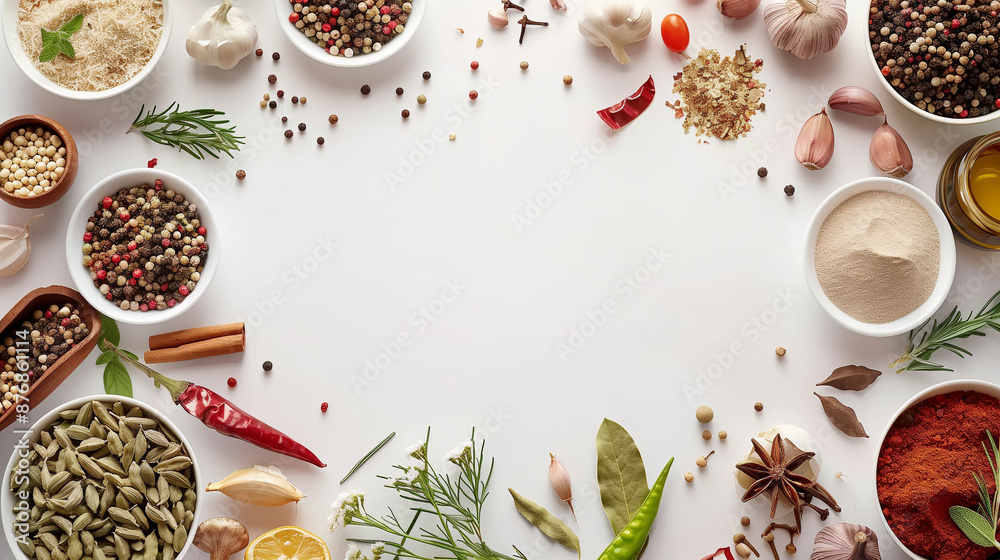White Food background flat lay with herbs and spices in bowls, space for Text copy. Food background for food menu, culinary blogs, recipe websites. Wide aspect ratio White Food background flat lay with herbs and spices in bowls, space for Text copy. Food background for food menu, culinary blogs, recipe websites. Wide aspect ratio