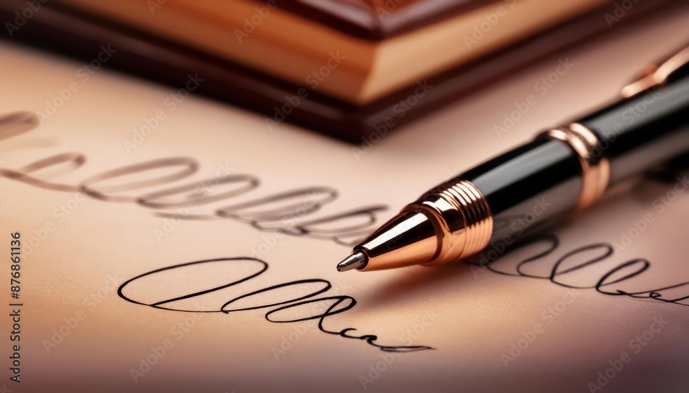 Fototapeta premium Closeup of a Fountain Pen - Ink Pen for Writing - Signing with Elegant pen and Cursive - Written Signature on a Agreement, Document or Contract - Premium Luxury Gold and Silver Pen for Business