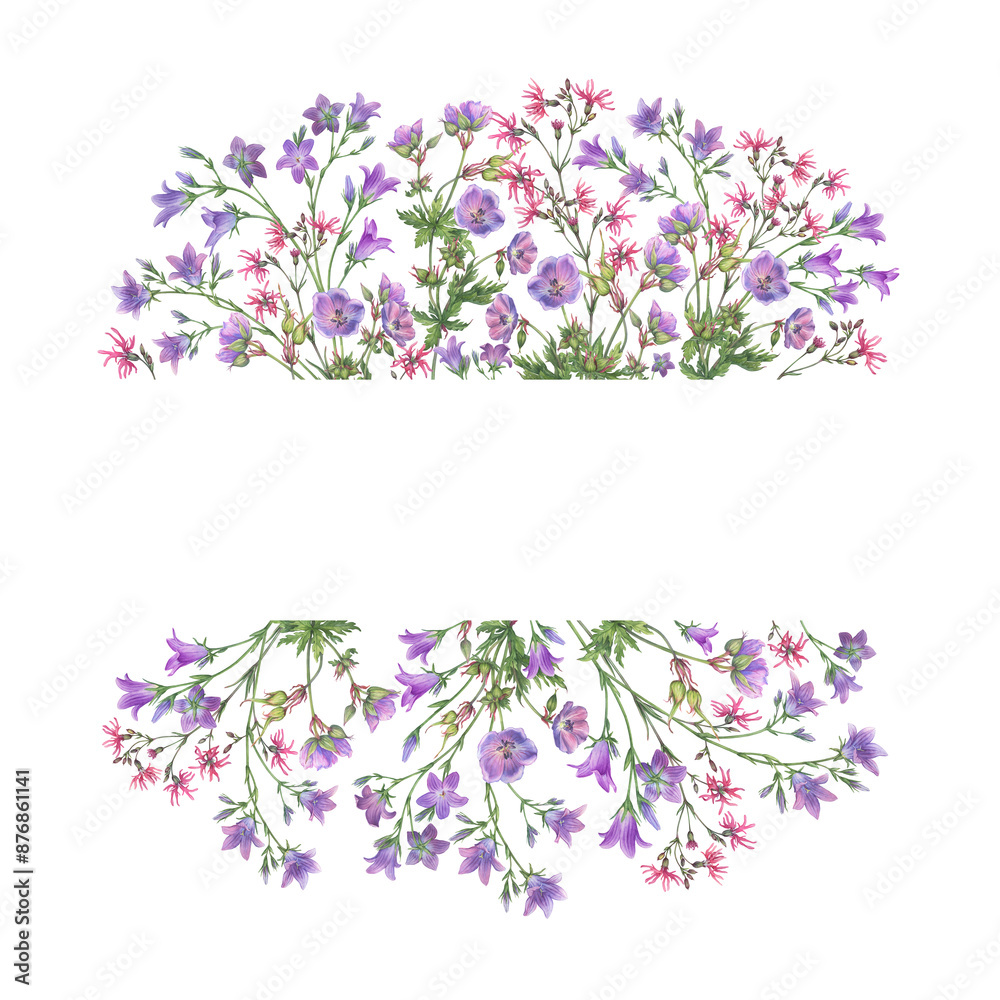 Postcard, template, frame with violet bluebell (Campanula patula, little bell, rapunzel), meadow geranium and pink ragged-robin wildflowers. Watercolor hand drawn painting illustration isolated Postcard, template, frame with violet bluebell (Campanula patula, little bell, rapunzel), meadow geranium and pink ragged-robin wildflowers. Watercolor hand drawn painting illustration isolated