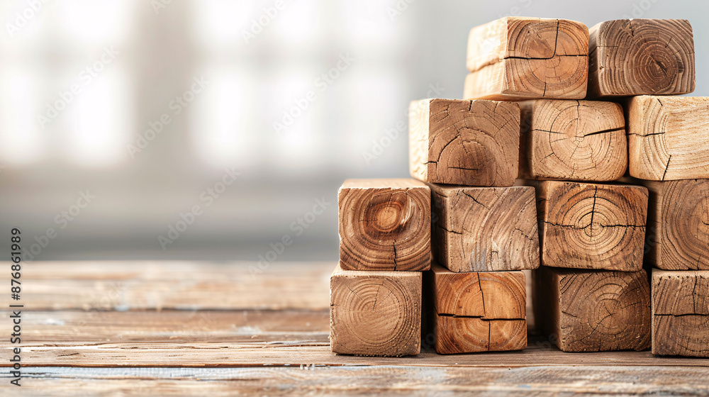 Stack of wooden blocks on a table with soft natural lighting, ideal for construction, carpentry, and crafts imagery. Stack of wooden blocks on a table with soft natural lighting, ideal for construction, carpentry, and crafts imagery.