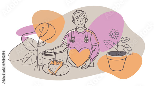 volunteer today, colorful cartoon illustration of man planting flowers with love